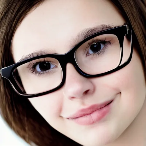 Prompt: Digital portrait of a cute teenage girl with brown hair to shoulder length, wearing black glasses, soft light