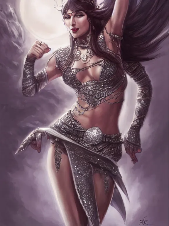 Image similar to picture of gorgeous combat belly dancer, dark skin, symmetrical face, elegant, silver decoration, dnd, high fantasy, matte digital illustration, by rossdraws, ralph horsley, pixiv