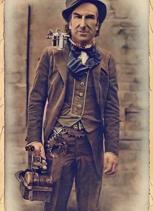 Prompt: Whole body and face wide shot of saul goodman in steampunk couture created like it's out of the 1970s polaroid clear, colorful image