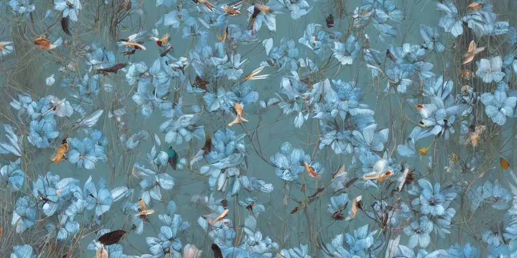 Image similar to breathtaking detailed concept art painting pattern of goddesses of light blue flowers with anxious piercing eyes and blend of flowers and birds, by hsiao - ron cheng and john james audubon, bizarre compositions, exquisite detail, extremely moody lighting, 8 k