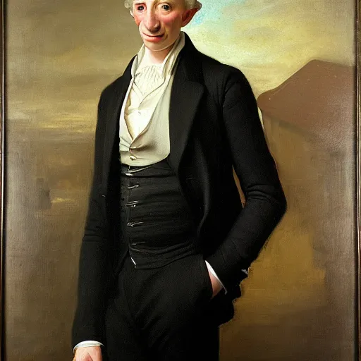 Image similar to portrait of a man wearing a black suit jacket and with amazon milk frog as his head, tan vest, and white ascot, an american romanticism painting, a portrait painting, cgsociety, soft focus, oil on canvas