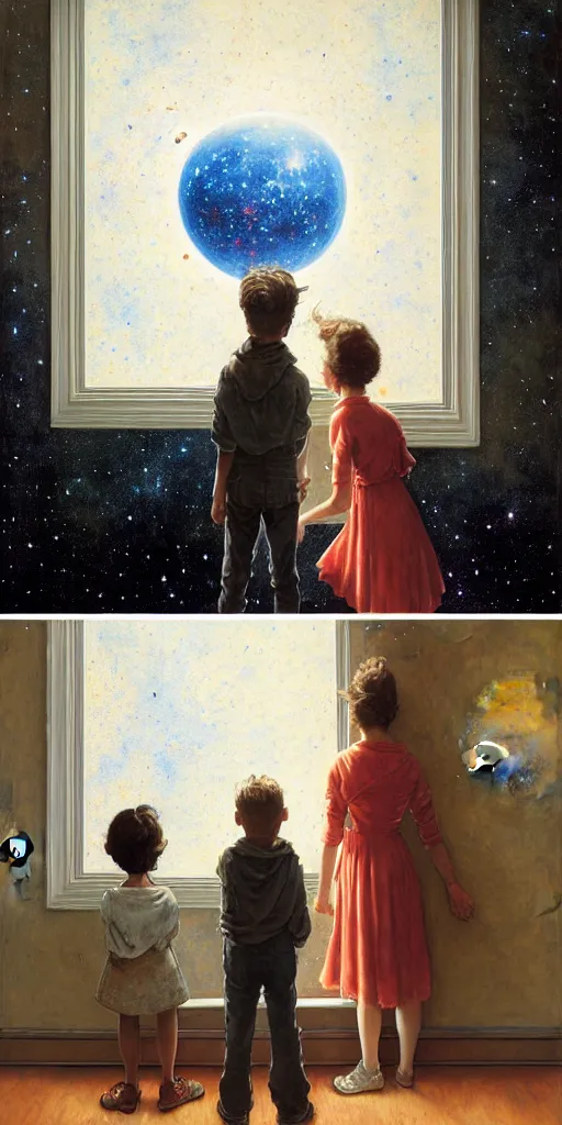 Image similar to one 5 year old boy and one 1 2 year old girl looking at the wall of their bedroom and seeing the universe full of galaxies and planets, imagination, part by norman rockwell, part by greg rutkowski, part by mattias adolfsson, high angle, ( ( ( ( volumetric lighting ) ) ) ), oil on canvas