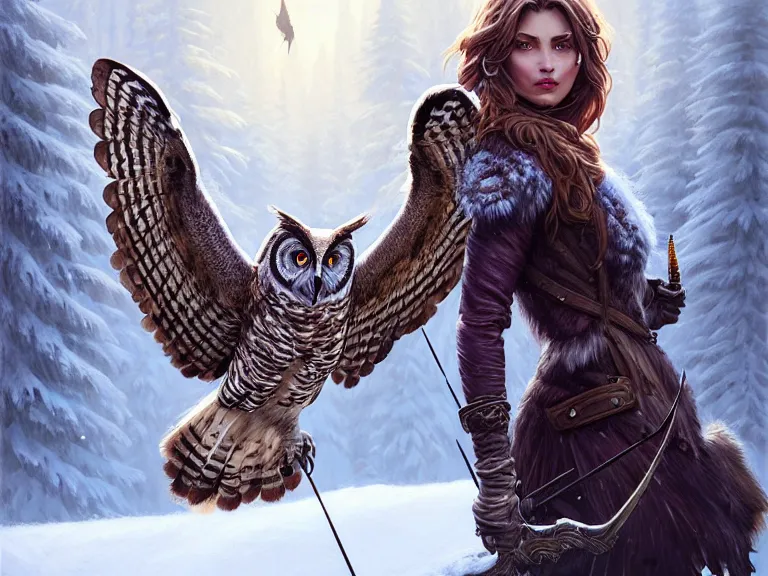 Prompt: a beautiful and aesthetic huntress with big owl on the winter valley, toward to the camera, hunting the monsters, cynical, dramatic pose, intricate, highly detailed, detailed face, smooth, sharp focus, environmental light, rim light, artgerm, artstation, greg rutkowski, ilya kuvshinov, rossdraws, fantasy illustration