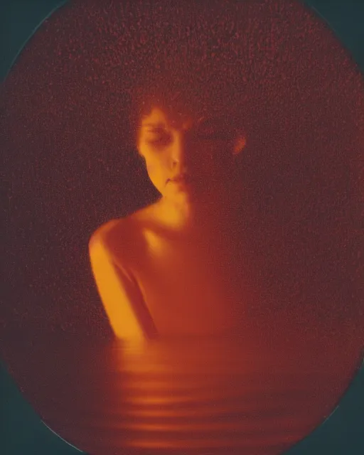 Prompt: a woman's face in the water, ripples, serene emotion, new polaroid, glitched, hazy, red, orange, yellow, soft lighting, jellyfish