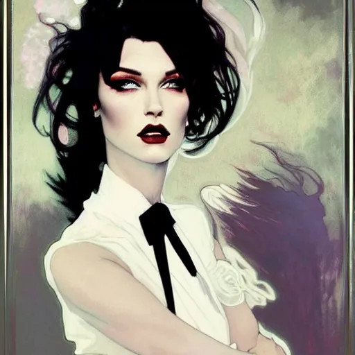 Image similar to beautiful portrait of androgynous ruby rose as desire from sandman in a white tuxedo!!!, rockabilly style, by alphonse mucha, cedric peyravernay, by jeremy mann, by frank moth, white suit and black tie, soft lightning, high detailed, 8 k