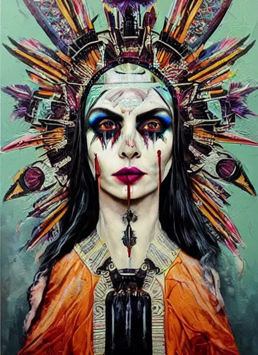 Prompt: tripping cult magic psychic woman, subjective consciousness psychedelic, epic occult ritual symbolism story iconic, dark witch headdress, oil painting, robe, symmetrical face, greek dark myth, by Sandra Chevrier, masterpiece