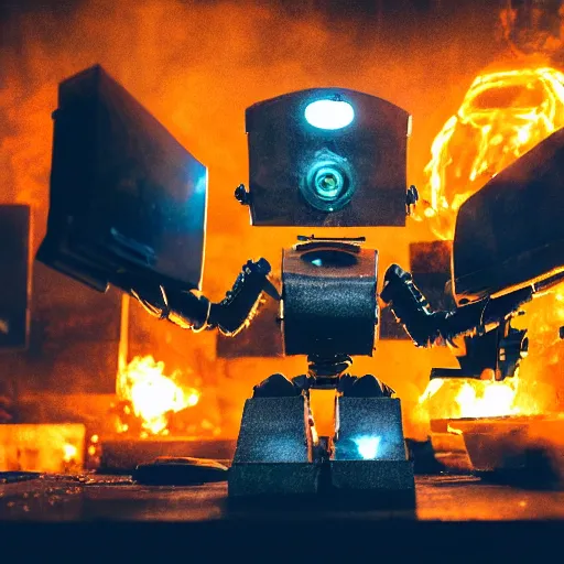 Image similar to toaster oven terminator robot, dark messy smoke - filled cluttered workshop, dark, dramatic lighting, orange tint, sparks, cinematic, highly detailed, sci - fi, futuristic, movie still