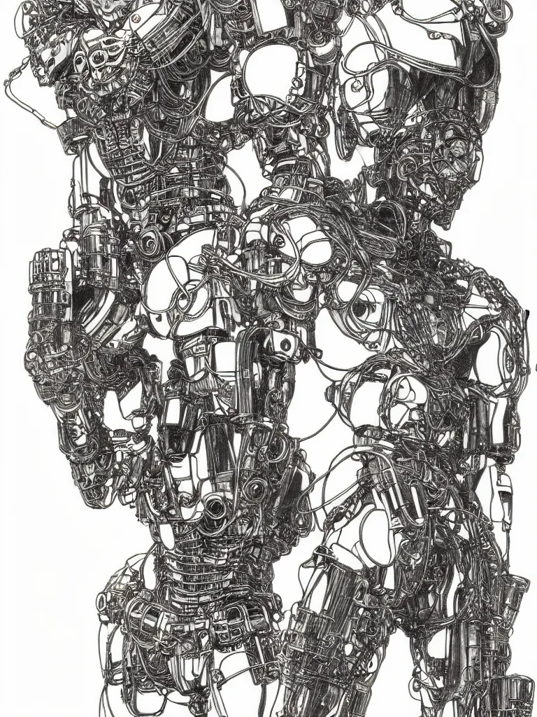 Image similar to prompt: Fragile looking figure, portrait face drawn by Katsuhiro Otomo, full body character drawing, inspired by Evangeleon and Akira 1988, cyborg and wire details parts with details, clean ink detailed line drawing, intricate detail, manga 1990, golden ration composition