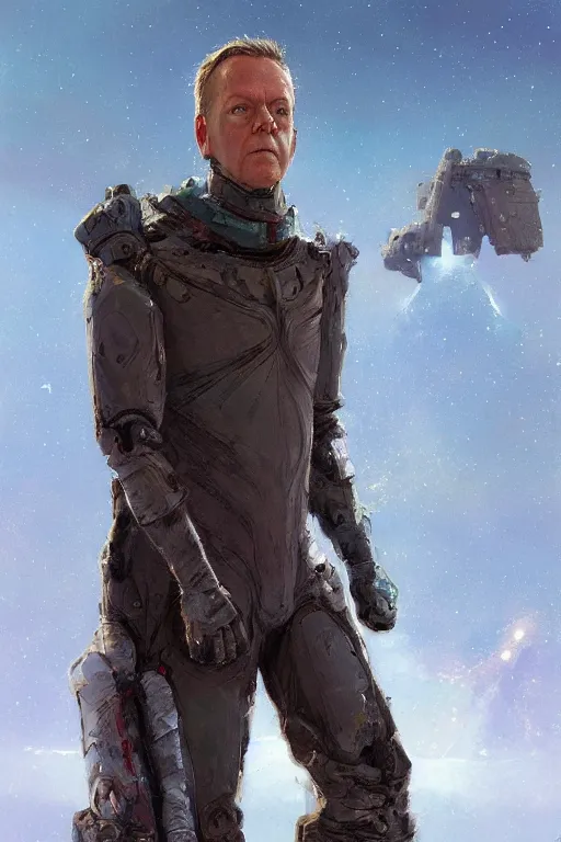 Image similar to upper body portrait of kiefer sutherland wearing old tattered dune stillsuit, nebula in the background, illustration by normal rockwell and mandy jurgens, influenced by john berkey and greg rutkowski, artstation character concept