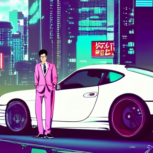 Image similar to vaporwave tokyo yakuza in suit driving in porche sports car driving at night city in background