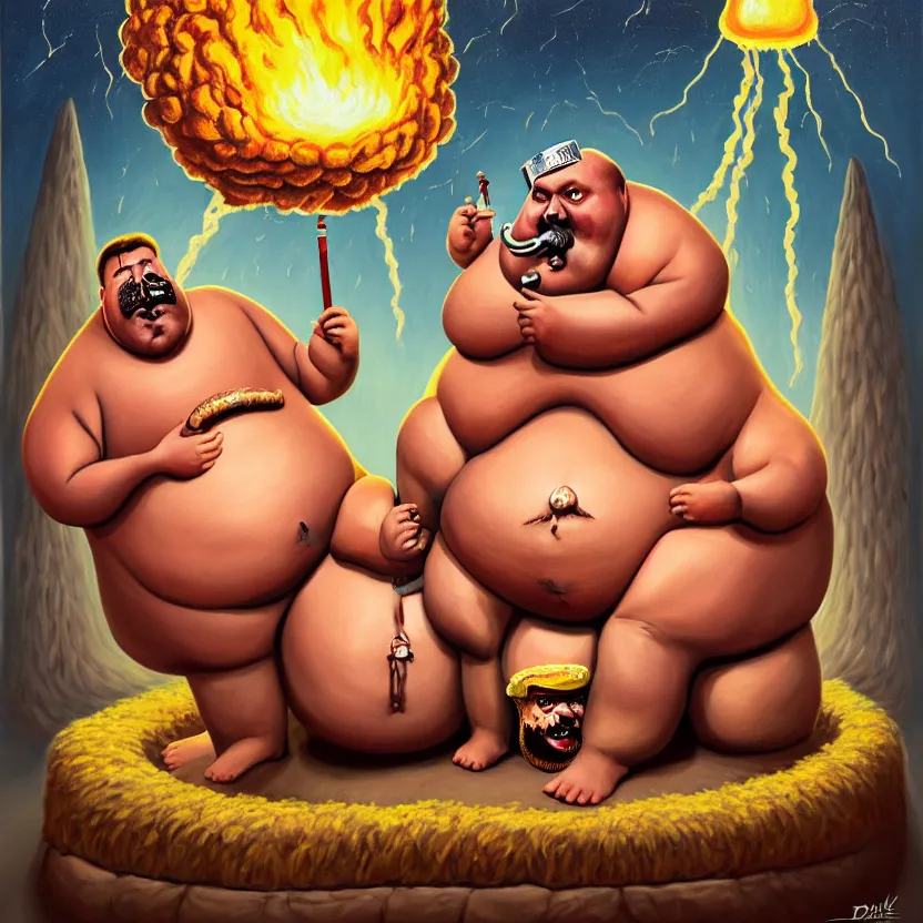 Prompt: painting of a very fat khatapa with a thick moustache eating the leg of a terrified man while sitting on a throne, in the background there is a nuclear explosion, cute, hilarious, disturbing, nightmare, highly detailed, funny, hahahaha, by david cronenberg, found on artstation, hyperrealistic digital art