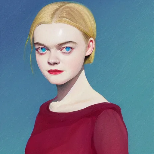 Prompt: professional painting of Elle Fanning in the style of Edward Hopper, head and shoulders portrait, symmetrical facial features, smooth, sharp focus, illustration, intricate, stormy weather, extremely detailed masterpiece,