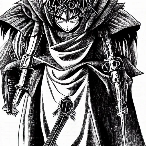 Image similar to Very detailed character design of a antagonist from a light novel by kentaro miura, eiichiro oda, masashi kishimoto