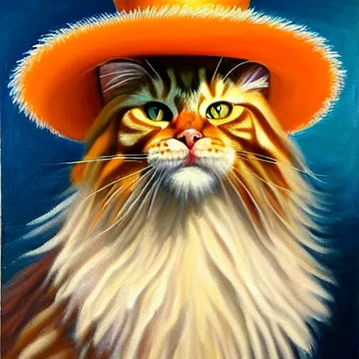 Prompt: beautiful oil painting of an orange maine - coon with a white beard. wearing a wide - brimmed straw sombrero sombrero