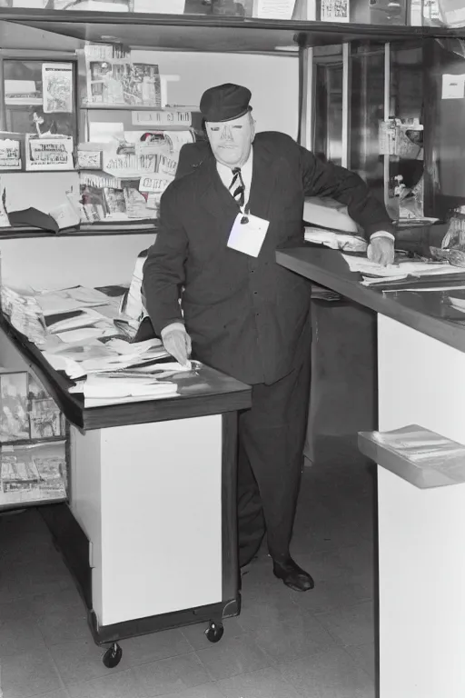 Prompt: a 5 0's mailman at the counter