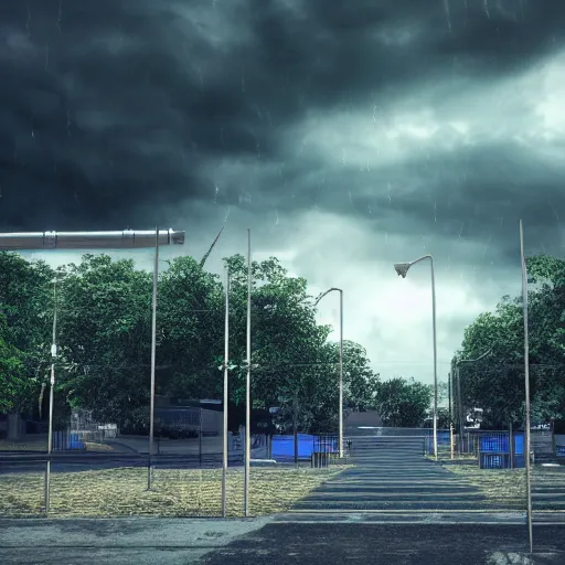 Image similar to Stormy sky with thunders, pipes and vaults system in the background, depth of field, blueshift render, photorealistic