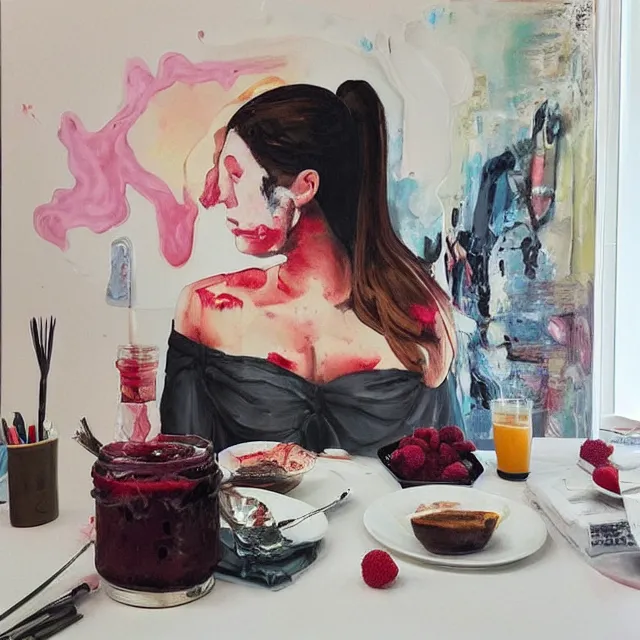 Image similar to “ sensual, a portrait in a female art student ’ s apartment, pancakes, woman drinking an iced latte from a painting, berries, art supplies, a candle dripping white wax, berry juice drips, neo - expressionism, surrealism, acrylic and spray paint and oilstick on canvas ”