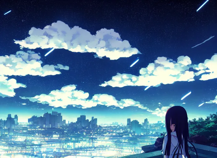 Prompt: illustration of cloudy night sky | | anime key visual, official media, illustrated by wlop, extremely detailed, 8 k, trending on pixiv, cinematic lighting, beautiful