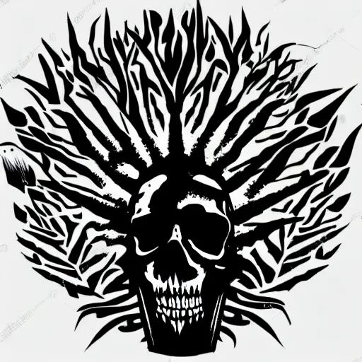 Image similar to dark death metal themed vector illustration for a record label, trees. forest, spikes, skull, microphone, skull, award winning, grunge, iconic, golden ratio