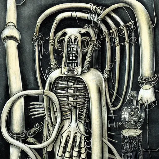 Image similar to moominpapa hooked up to a machine, hr giger artwork, very detailed!, high quality, 4 k