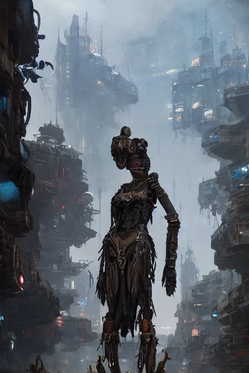 Image similar to a portrait of a tribal women with sci-fi armour standing in the foreground of a mechanical city by Greg Rutkowski, Sung Choi, Mitchell Mohrhauser, Maciej Kuciara, Johnson Ting, Maxim Verehin, Peter Konig, final fantasy , mythical, 8k photorealistic, cinematic lighting, HD, high details, atmospheric,