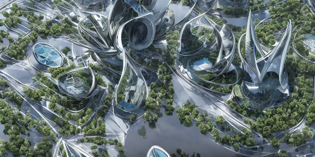 Prompt: highly detailed futuristic architecture by and Santiago Calatrava, floating buildings, reflective lighting, empty streetscapes, surrounded by lush green vegetation, ground-level view, puddles of water, stunning sunny lighting, sunrise, vivid colors, in the style of pixar animation, trending on Artstation, 8k, photorealistic, ray tracing, hyper detailed, unreal engine 5, cinematic, epic lighting, cryengine, octane render, cyberpunk, red and orange glow, vibrant
