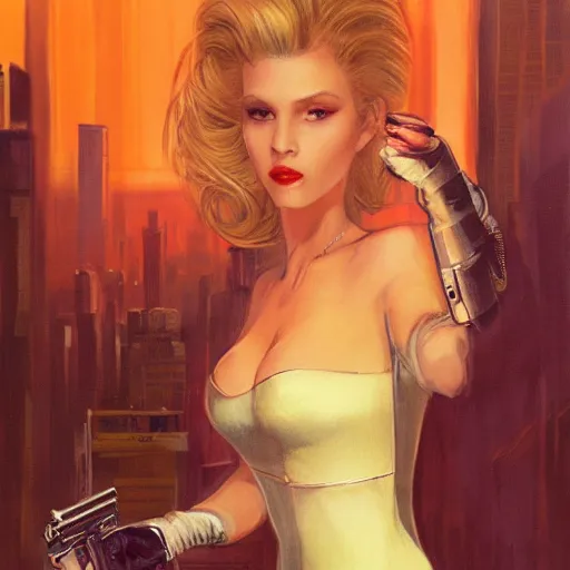 Prompt: a portrait of a beautiful blonde femme fatale woman wearing a cocktail dress, and pointing a pistol, long hair, in a futuristic blade runner city, art by Robert McGinnis, Pixar, trending on Artstation, 8K