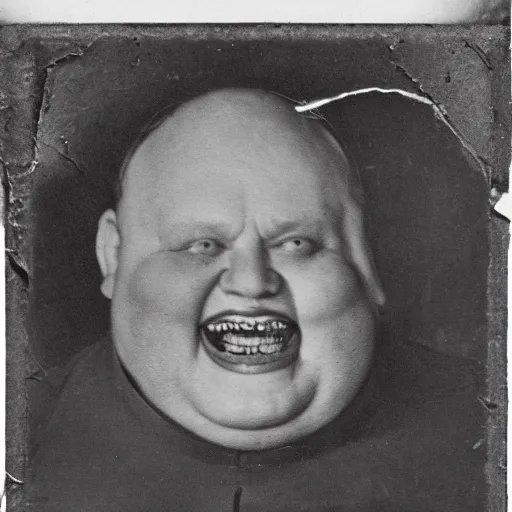 Image similar to antique photograph of an evil catholic priest, cracked and faded photo paper, morbidly obese, crazy eyes wide open, horror, staring at the camera, evil smile, sharp teeth, headshot, dark background, low light, dark