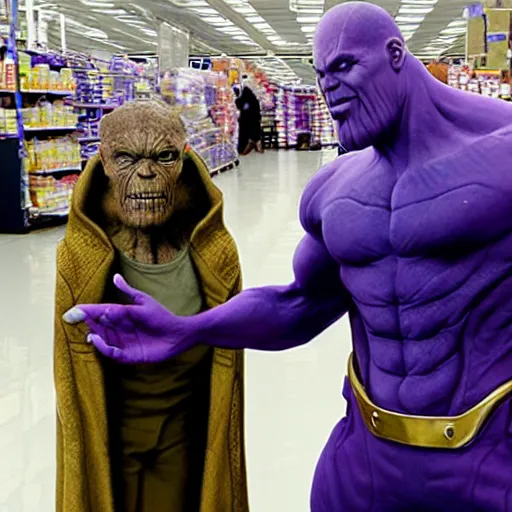 Prompt: thanos looking for his mom at wallmart, sharp focus