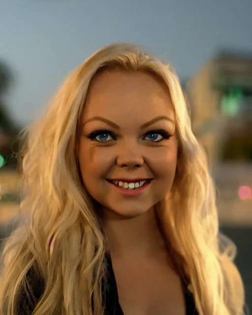 Image similar to closeup portrait gorgeous bree olson, long blonde hair and big eyes, beautiful smile, finely detailed perfect face, standing on the wet street at sunset, a movie directed by christopher nolan, movie still frame, promotional image, imax 7 0 mm footage