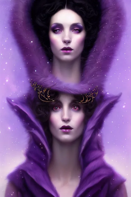 Image similar to Nocturne, glowing, stars, a portrait of a beautiful female shadow djinn creature with long fur collar, highly detailed, mysterious, ethereal, dressed in violet velvet, haute couture, illustration, dramatic lighting, soft details, painting, by Edmund Blair Leighton, Brom, Charlie Bowater, trending on artstation, faces by Tom Bagshaw, otto schmidt