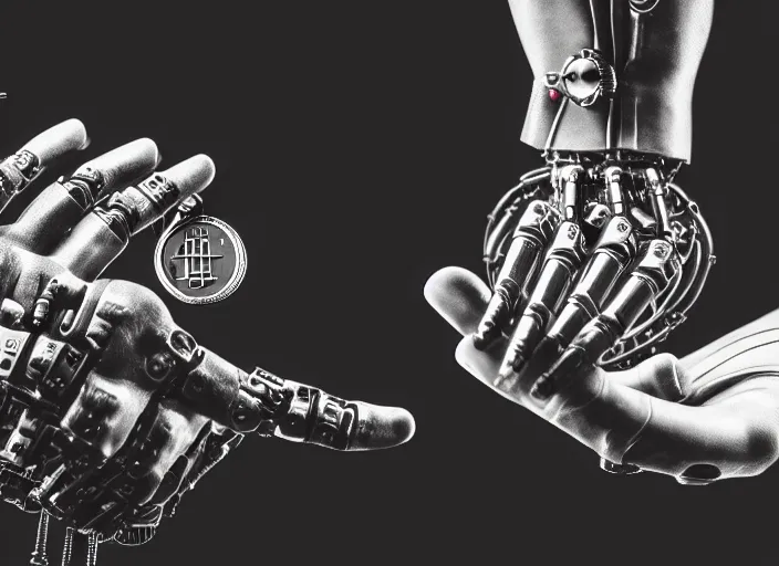 Image similar to mechanical cybernetic hand holding a coin that's worth 1 human soul in hell. centered. horror cyberpunk dystopia style. highly detailed 8 k. intricate. nikon d 8 5 0 3 0 0 mm. award winning photography.