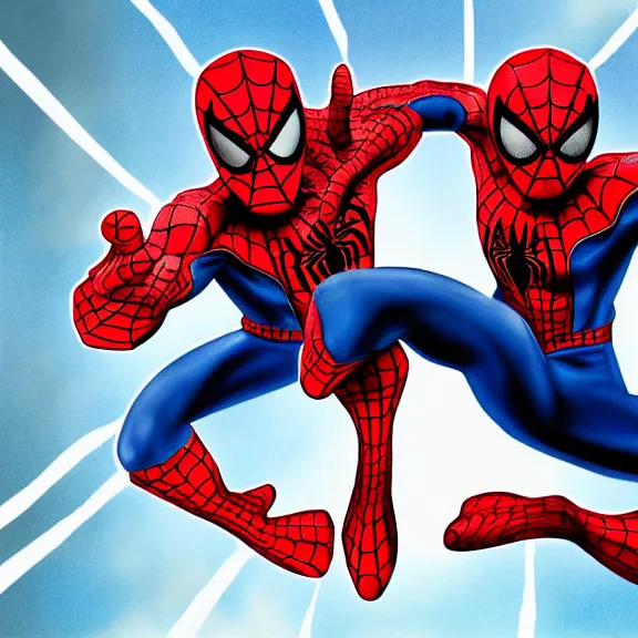 Image similar to two spiderman poiting at each other, cartoon, high resolution, surprise, drawing