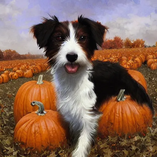 Image similar to a very cute scruffy long haired jack russell terrier puppy, white with chocolate brown spots and a brown patch over both eyes, amidst piles of pumpkins. halloween autumn fall art. beautiful painting by artgerm and greg rutkowski and alphonse mucha