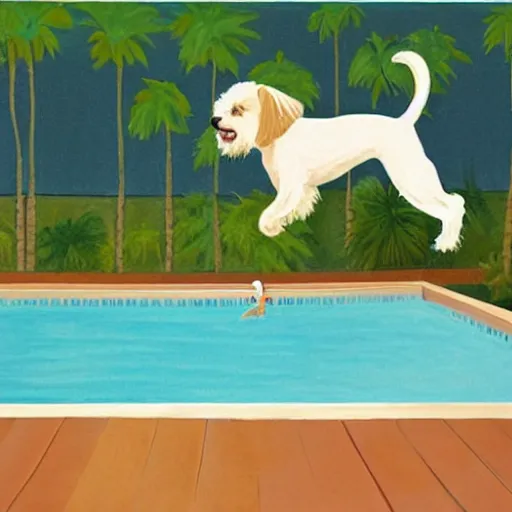 Image similar to medium shot, cream colored havanese dog jumping from a diving board into a pool at a mid century modern house in palm springs, painting by david hockney