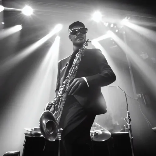 Prompt: a jazz club, saxophone player playing a solo, wearing sunglasses, bright lights