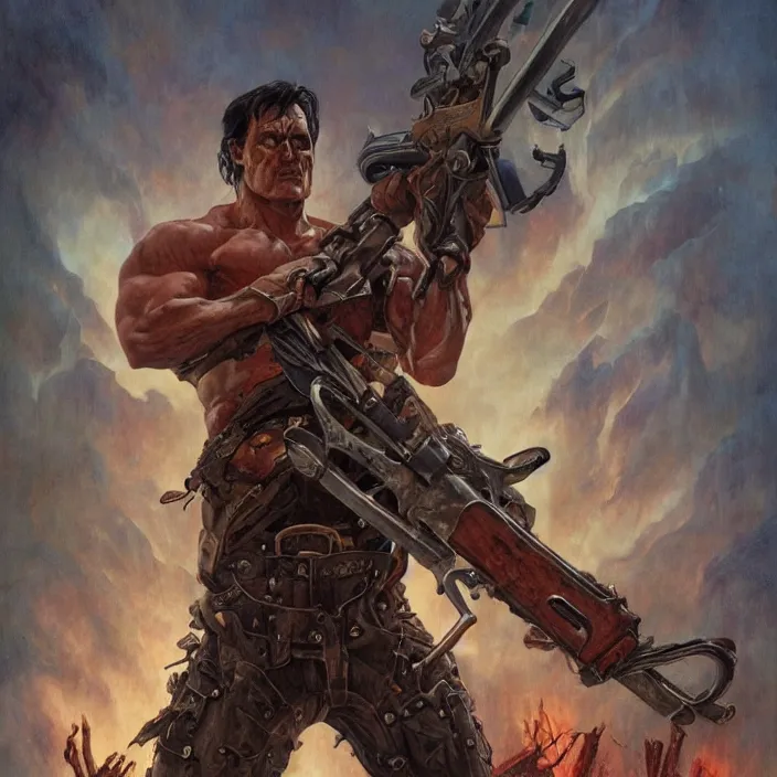 Prompt: The evil dead, manowar album cover, Muscular man, chainsaw attached to hand, short double barrel shotgun. dead demons, blood, artstation, concept art, smooth, sharp focus, highly detailed, illustration, art by artgerm and greg rutkowski and alphonse mucha