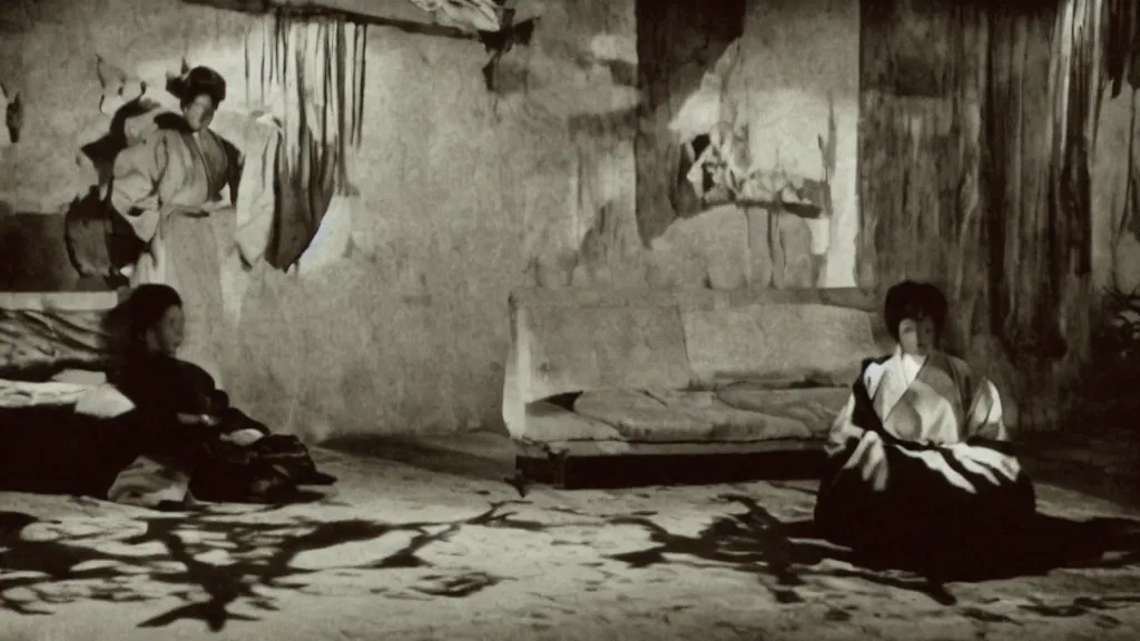 Image similar to shadow of a monstrous starfish is seen behind a woman in hanbok sitting on a couch, traditional korean interior, in. rashomon a kaiju - eiga monster movie by akira kurosawa and ishiro honda