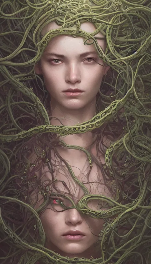 Prompt: very detailed portrait of a 2 0 years old girl surrounded by tentacles, the youg woman visage is blooming from fractal and vines, by greg rutkowski