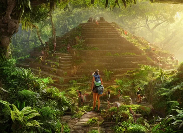 Prompt: a backpacker standing in an overgrown aztec village in the jungle highly detailed digital painting, concept art by yongfei liu, alben tan, vance kocas, octane rendered, low angle, god rays, cg society, unreal engine