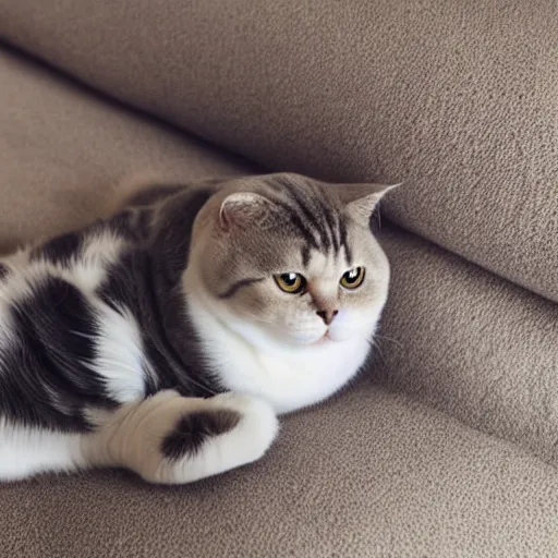 Prompt: a scottish fold cat laying back relaxing, dreaming of infinity, elegant color palette