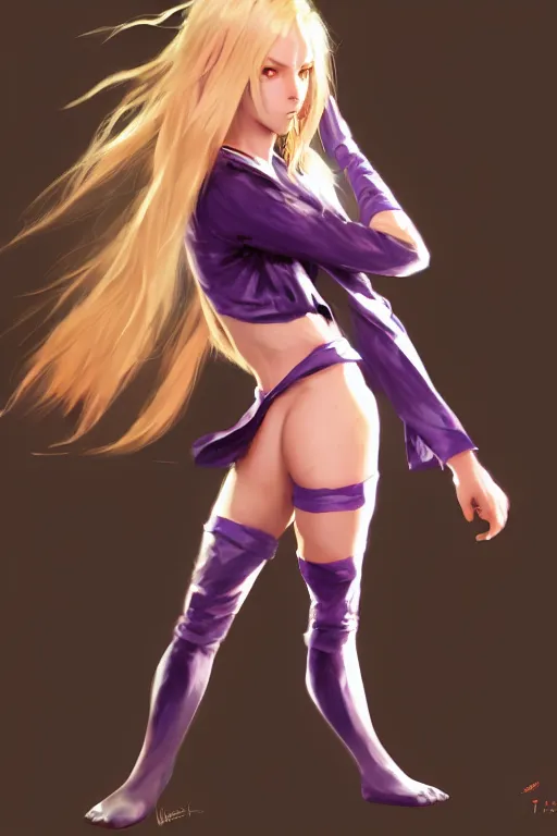 Image similar to fighter anime girl with purple eyes, long blonde hair wearing a tuxedo in a fighting stance, digital painting, artstation, concept art, soft light, hdri, smooth, sharp focus, illustration, art by tian zi and craig mullins and WLOP and alphonse mucha