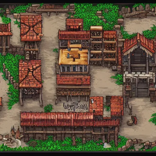 Prompt: A detailed vector art presenting an aerial view of a cartoonish tavern by dungeondraft, Patreon content, contaning tables and walls, HD, straigth lines, dnd map , map patreon, fantasy maps, foundry vtt, fantasy grounds, aerial view ,dungeondraft , tabletop, inkarnate, dugeondraft, roll20