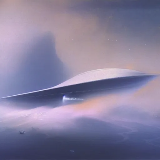 Prompt: minimalist futuristic zaha hadid spaceship painting by ivan aivazovsky