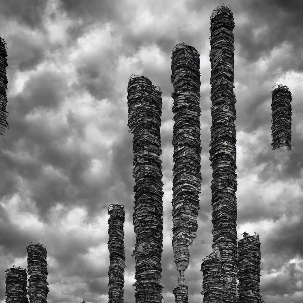 Prompt: close - up towers made up of squatter housing, bleached colours, dramatic cloudy sky, dystopia, mamiya, very detailed, ultra sharp, photographed by ansel adams