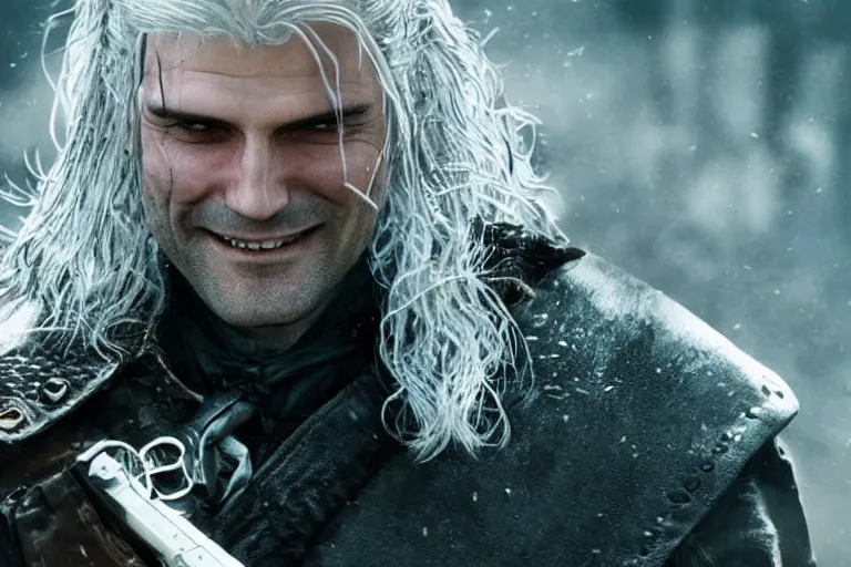 Image similar to vfx movie closeup modern suave handsome grinning vampire with long white hair, trench coat, dual wielding large revolvers, leaping into the air, low gravity in a shattered reality of new york city, cool aviators witcher show and game of thrones in new york by emmanuel lubezki