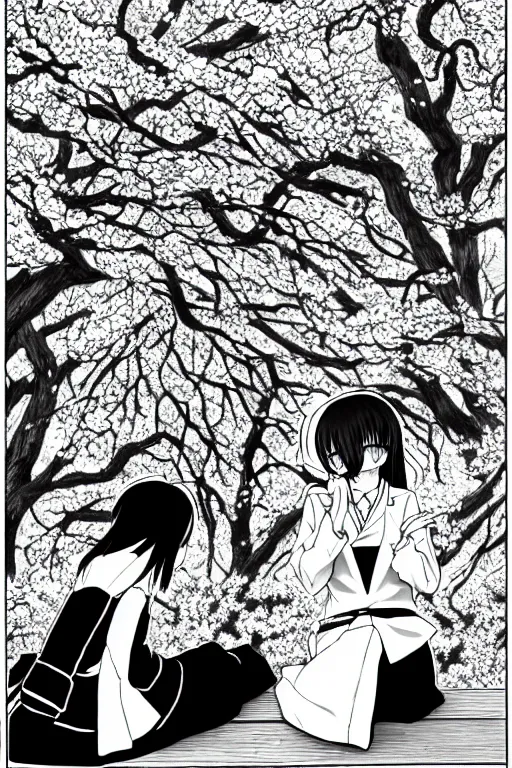 Image similar to black and white manga page, highly detailed pen, sharp high quality anime, shoujo romance, two girls, first girl with long dark hair in sailor uniform, second girl with short light hair in pant suit, sitting on bench, cherry blossom tree in background with petals floating, drawn by Atsushi Ohkubo