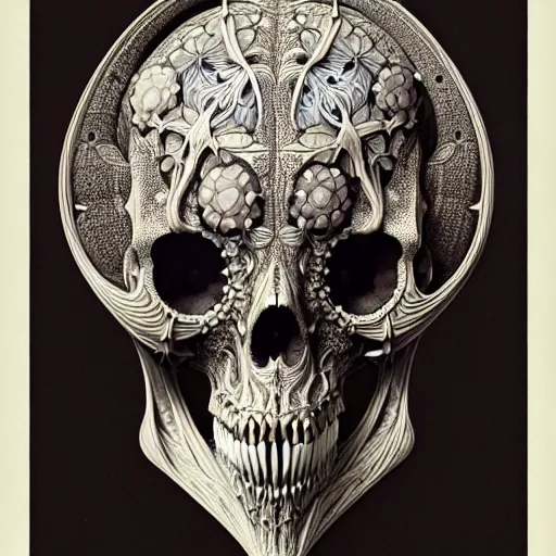 Image similar to art forms of nature by ernst haeckel, memento mori by arthur rackham, ornate antique porcelain beautiful skull mask, ultrasharp, photorealistic, hyperdetailed, octane render, polished, art nouveau, neo - gothic, gothic, intricate ornamental organic filigree, art nouveau botanicals, art forms of nature by ernst haeckel, horizontal symmetry, symbolist, visionary