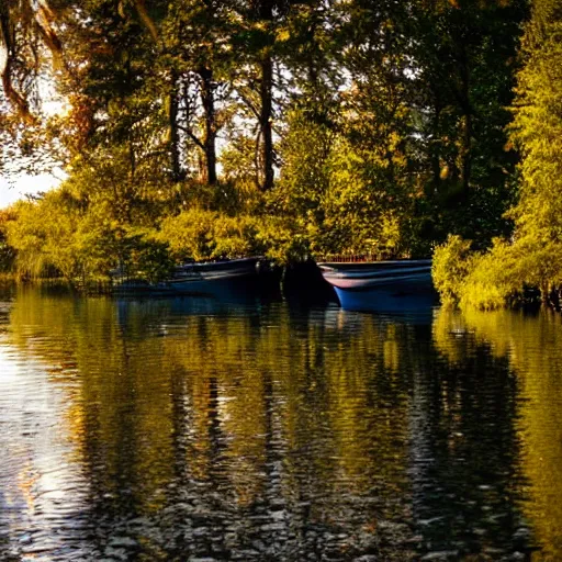 Image similar to surrealist fisherman in boat on calm lake with many trees along the shoreline during twillight