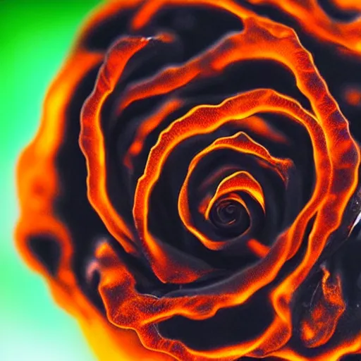 Image similar to award - winning macro of a beautiful black rose made of glowing molten magma